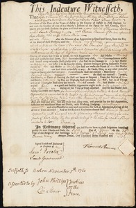 Sarah Kenney indentured to apprentice with Thomas Barron of Boston, 5 November 1760