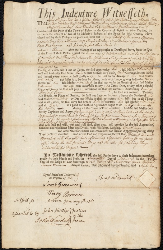 Jonathan Johnson indentured to apprentice with Hugh McDaniel of Boston, 7 January 1761