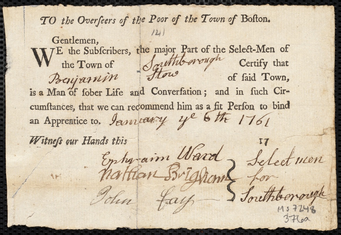 Thomas Caryl indentured to apprentice with Benjamin Stow of Southborough, 6 February 1761