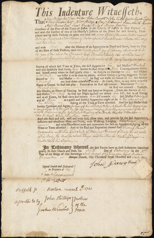 William Pierce indentured to apprentice with John Adams of Boston, 6 February 1761