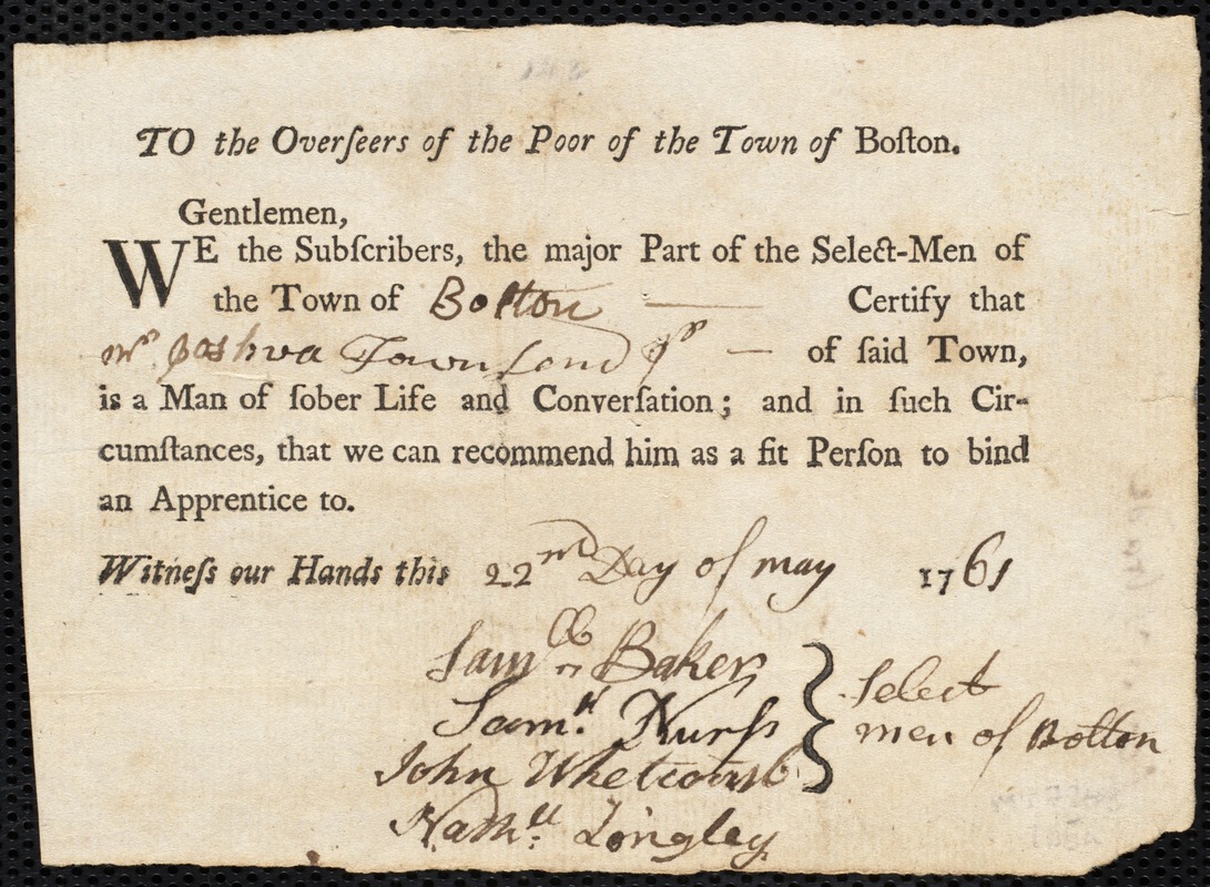 John Dollison indentured to apprentice with Joshua Townsend, Jr. of Bolton, 3 June 1761