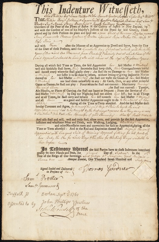 Mary Pimm indentured to apprentice with Thomas Gardner of Boston, 2 September 1761
