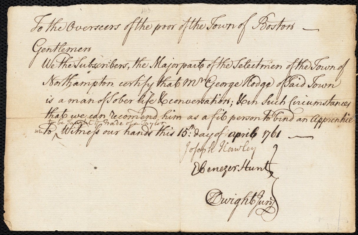 John Doyle Legg indentured to apprentice with George Hodge of Northampton, 26 September 1761