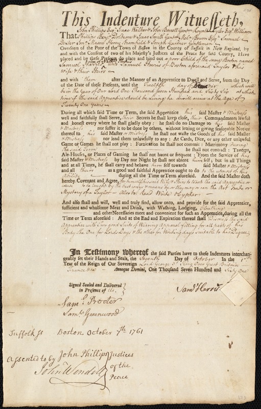Samuel Harris indentured to apprentice with Samuel Harris of Boston, 7 October 1761