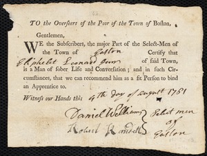 Ann Wise indentured to apprentice with Eliphalet Leonard, Jr. of Easton, 6 October 1761