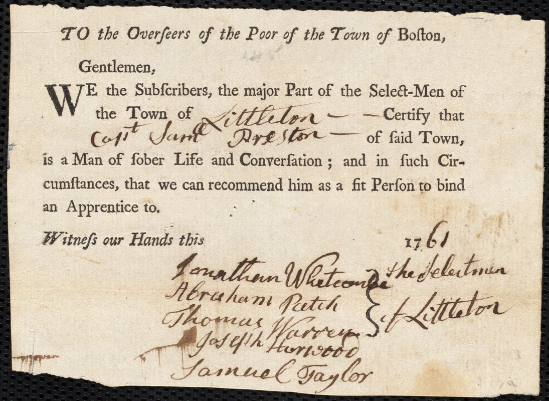 Jane Butler indentured to apprentice with Samuel Preston of Littleton, 26 November 1761