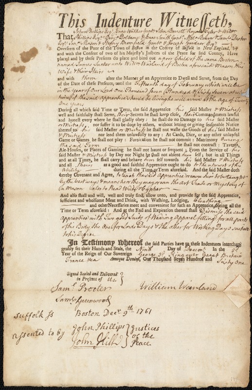 James Tucker indentured to apprentice with William Warland of Boston, 9 December 1761