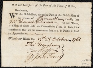 George Lish indentured to apprentice with Daniel Diman of Plymouth, 2 December 1761