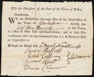 Hannah Prest indentured to apprentice with John Hancock of Charlestown, 2 December 1761