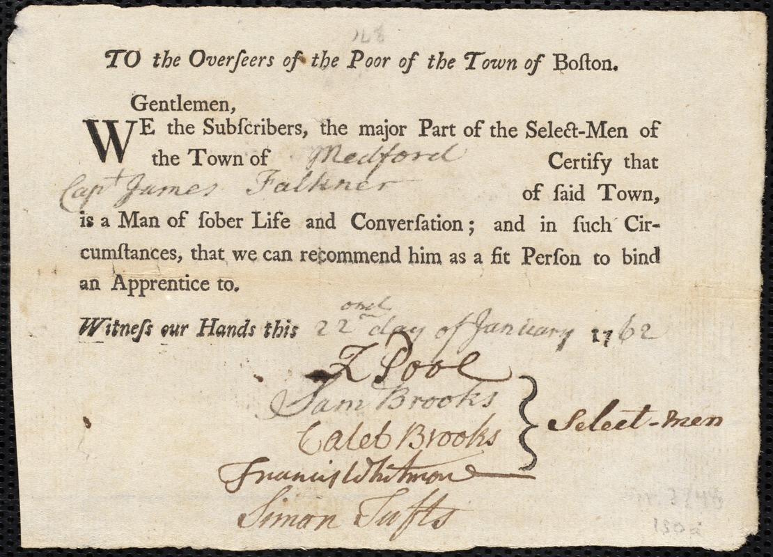 Mary Treboo indentured to apprentice with James Falkner of Medford, 3 February 1762