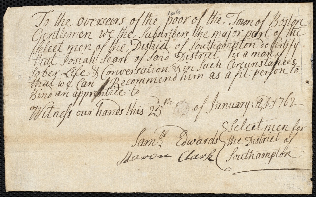 Mary Barrett indentured to apprentice with Josiah Searl of Southampton, 3 March 1762
