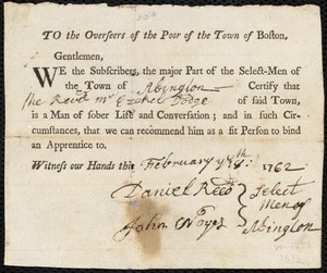 Josiah Snelling indentured to apprentice with Ezekiel Dodge of Abington, 7 April 1762