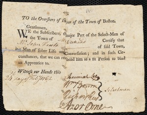 William Loveless indentured to apprentice with John Freeto of Marblehead, 7 April 1762