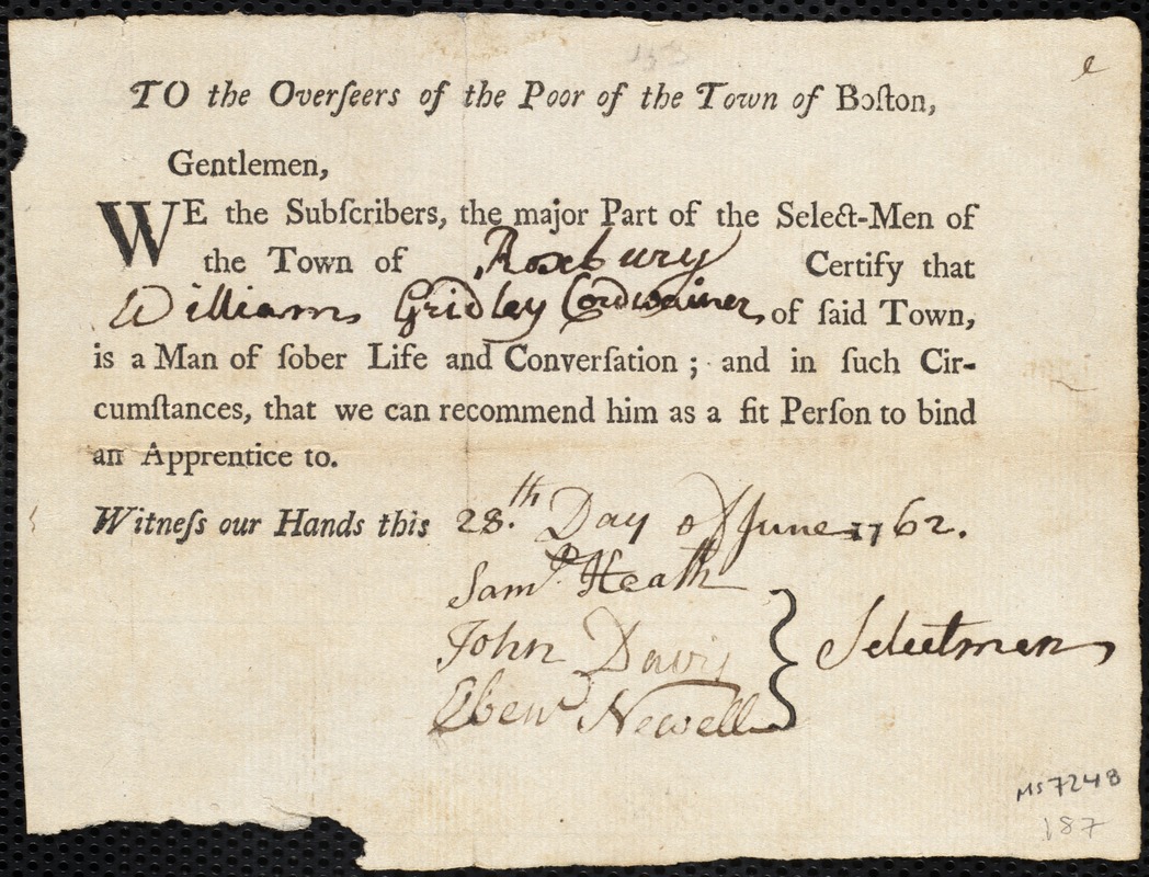 Sarah Allen indentured to apprentice with William Gridley of Roxbury, 7 July 1762