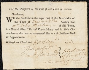 Ebenezer Bowman indentured to apprentice with John Martin of Brunswick, 16 August 1762