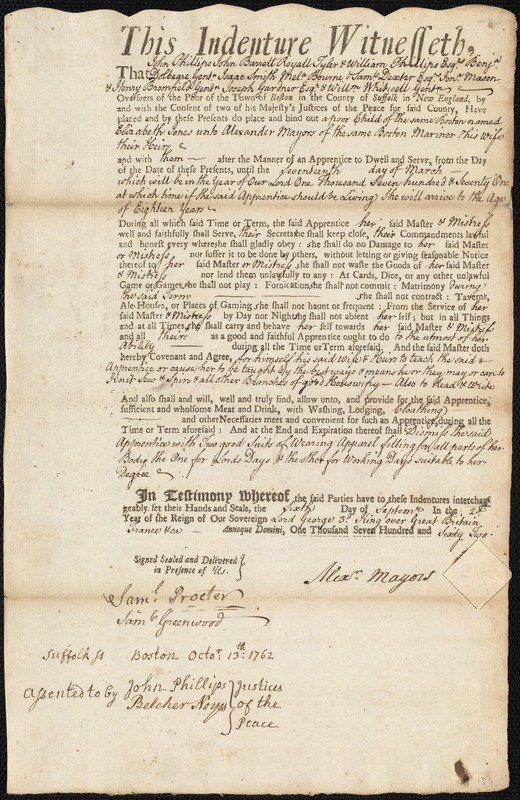 Elizabeth Jones indentured to apprentice with Alexander Mayors of Boston, 6 September 1762