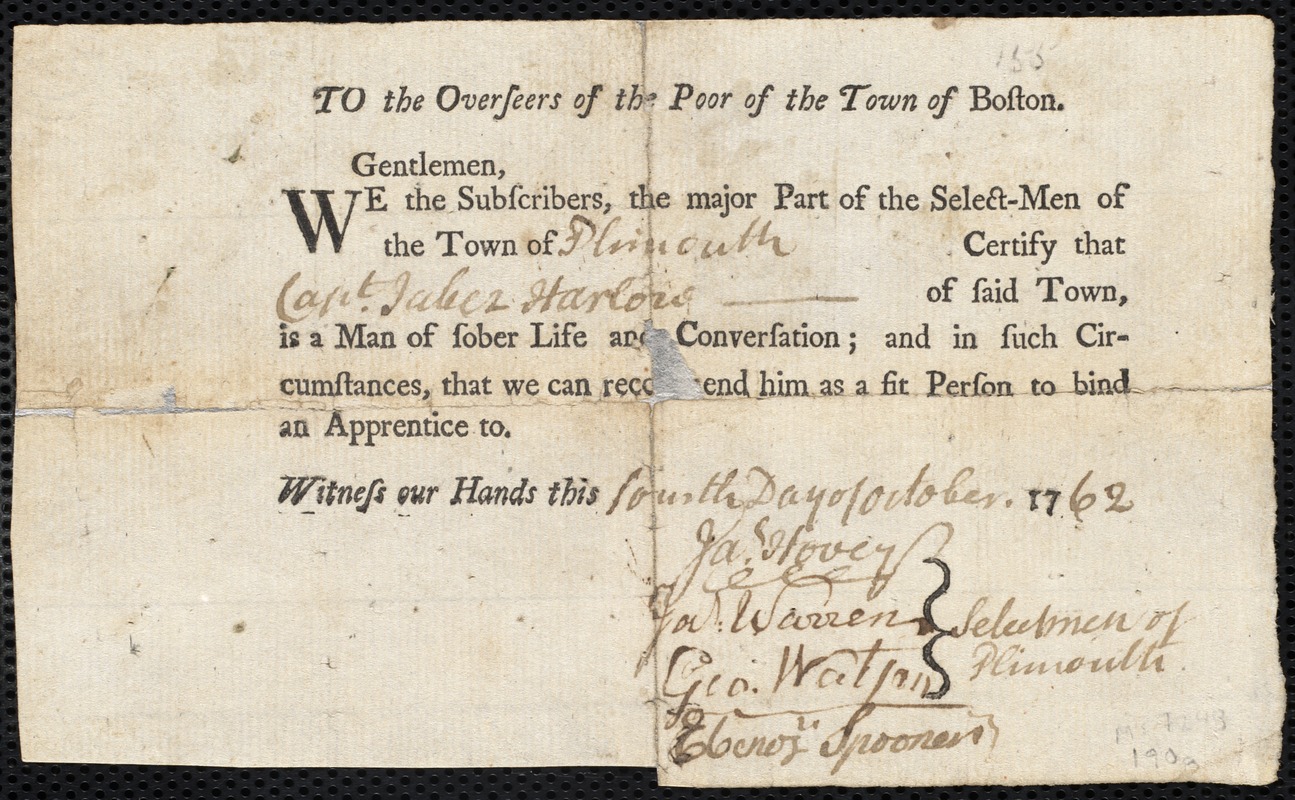 William Williams indentured to apprentice with Jabez Harlow of Plymouth, 1 September 1762