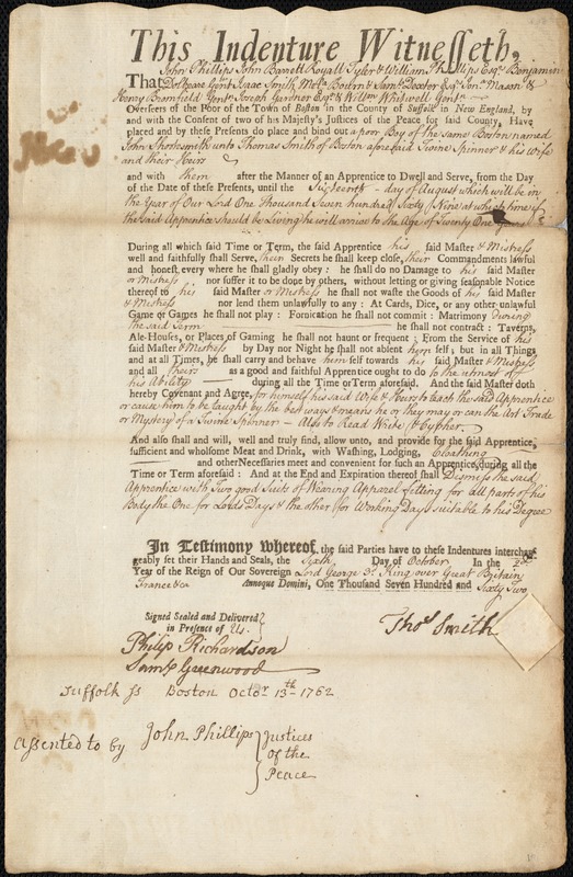 John Shootesmith indentured to apprentice with Thomas Smith of Boston., 6 October 1762