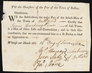 Susanna McGown indentured to apprentice with Jonas Buckingham of Rutland, 10 November 1762
