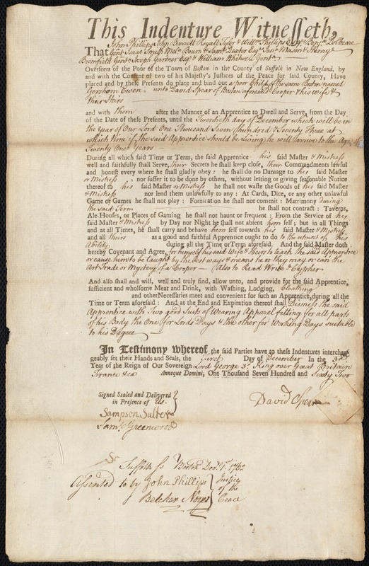 Gersham Ewan [Gershom Ewon] indentured to apprentice with David Spear of Boston, 1 December 1762