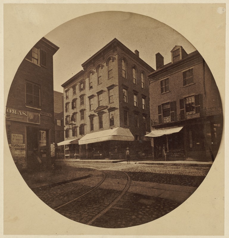 Corner Harrison Ave. and Essex St., 1860. Home of Wendell Phillips to right