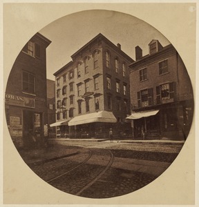 Corner Harrison Ave. and Essex St., 1860. Home of Wendell Phillips to right