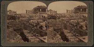 Looking E. from Propylaea across ruin-strewn Acropolis to west end of Parthenon, Athens