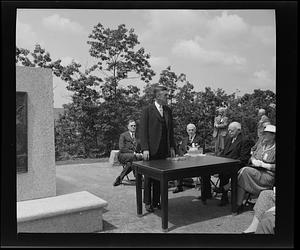 Massachusetts Governor Leverett Saltsonstall addressing the crowd at the Winsor Memorial dedication ceremony, Quabbin Reservoir, June 17, 1941