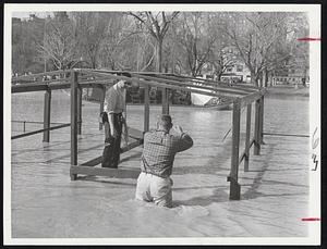 Pre-Season Opener came for the swan boats in the Public Garden today as one of the boat attendants stands hip deep in water at boat landing.