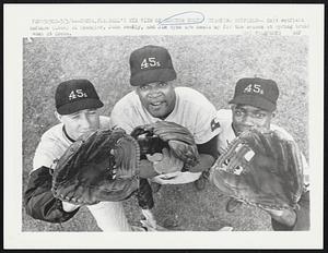 Ball's Eye View of Houston Colts' Starting Outfield - Colt outfield defense (LtoR) Al Spangler, John Weekly, and Jim Wynn are heads up for the season at spring train camp at Cocoa.