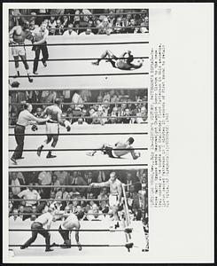 Liston's Victory, Patterson's Defeat--Referee Harry Krause sends Heavyweight Champion Sonny Liston to the neutral corner as he counts out challenger Floyd Patterson in this sequence. Liston decked Patterson in 2 minutes 10 seconds of first round to retain is title.