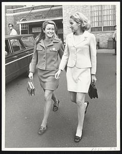 Mayor's Wife, right, left Massachusetts General Hospital pleased yesterday following good progress report on husband's condition. With Mrs. Kevin White is her sister, Nancy Galvin.