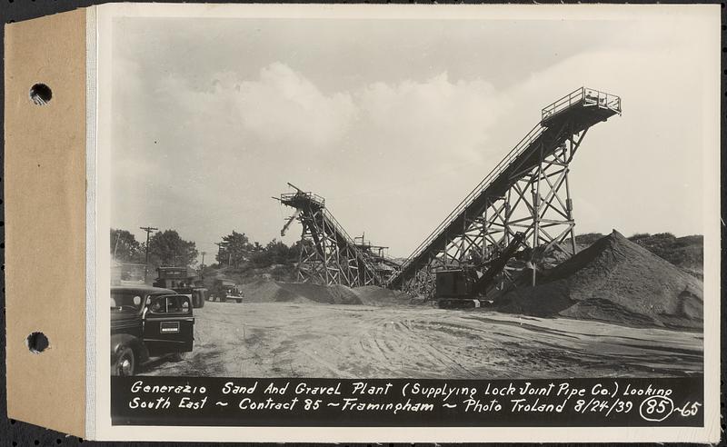 Contract No. 85, Manufacture and Delivery of Precast Concrete Steel Cylinder Pipe, Southborough, Framingham, Wayland, Natick, Weston, Generazio Sand and Gravel Plant, supplying Lock Joint Pipe Co., looking southeast, Framingham, Mass., Aug. 24, 1939