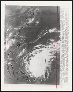 Hurricane Faith, the sixth for the 1966 season is shown here over the Atlantic in a photo made by weather satellite "ESSA\" at 8:00am EST 8/30. Outlined in the photo is the Southeastern United States Bermuda and the Bahama Islands. The hurricane was centered near latitude 26.9 North, longitude 72.2 West or about 500 miles East of Palm Beach, Fla at the time the picture was made.