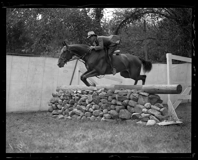Horse and rider jumping over a low stone wall