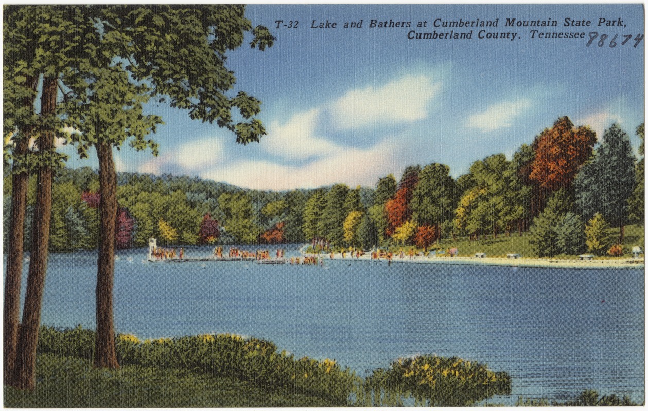 Lake and bathers at Cumberland Mountain State Park, Cumberland County, Tennessee