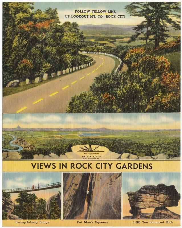 Follow yellow line up Lookout Mt. to Rock City, views in Rock City Gardens