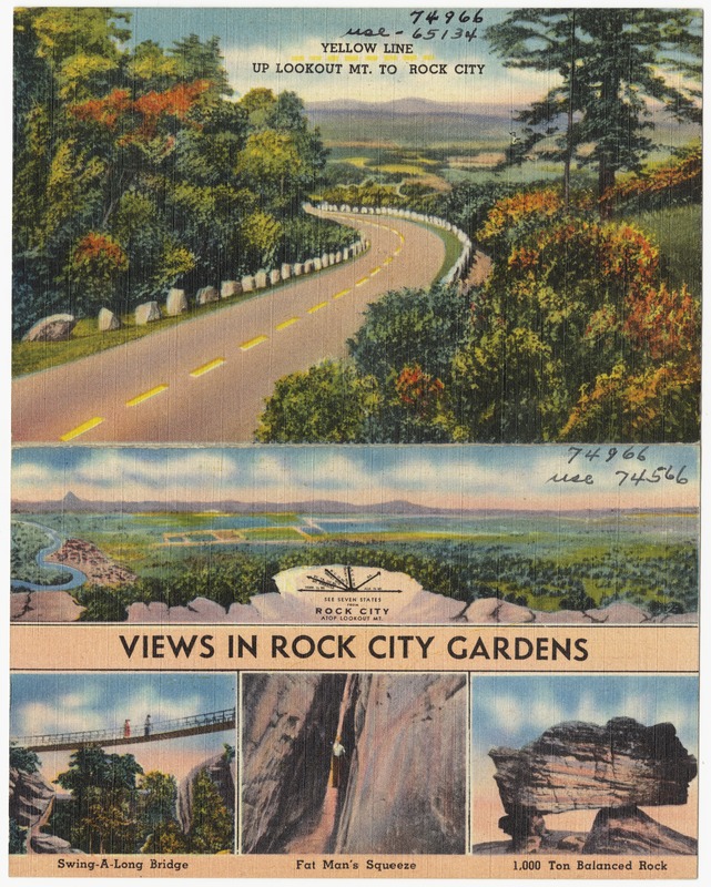 Yellow line up Lookout Mt. to Rock City. Views in Rock City Gardens