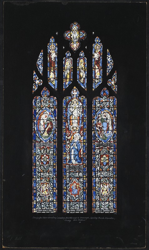 #1 north. Design for nave clerestory window (north) next to transept, Wesley Church, Worcester. "Mary the mother."