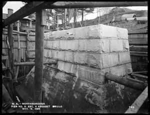 Wachusett Aqueduct, Pier No. 5, Assabet Bridge, Section 8, from the west, showing step at the bottom of the concrete foundation, Northborough, Mass., Nov. 19, 1896