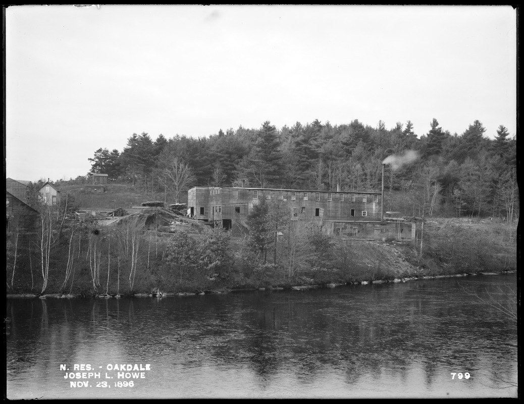 Wachusett Reservoir, Joseph L. Howe's saw mill, on the east side of Waushaccum Street, from the southeast on W. & N. Railway tracks near the bridge, Oakdale, West Boylston, Mass., Nov. 23, 1896