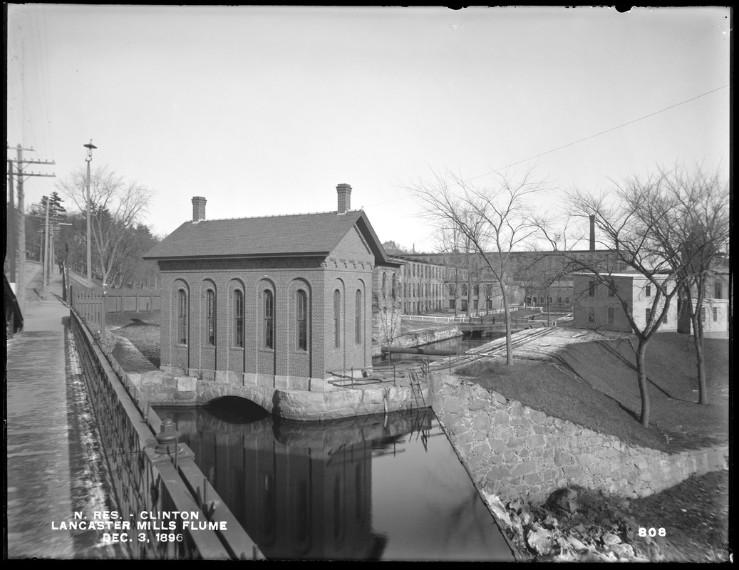 Wachusett Reservoir, Lancaster Mills gatehouse and flume, from the southwest on bridge, Clinton, Mass., Dec. 3, 1896