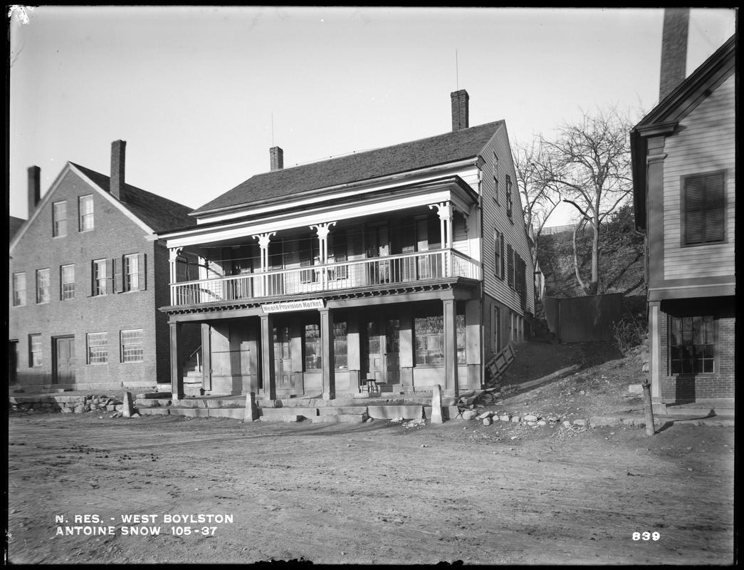 Wachusett Reservoir, Antoine Snow's house, on the north side of East Main Street, opposite the Park, from the southeast, near center of Park, West Boylston, Mass., Dec. 5, 1896