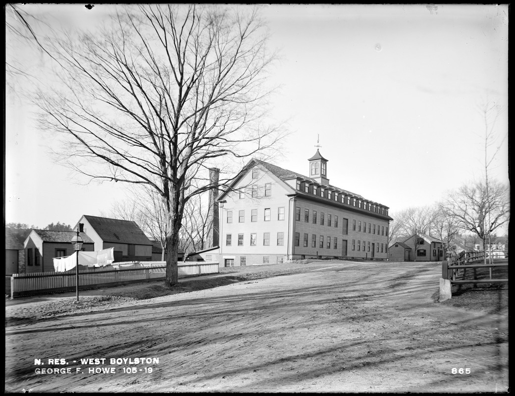 Wachusett Reservoir, George F. Howe's factory and house, on the south side of East Main Street, opposite Howe Street, from the east at corner of East Main and Cross Streets, West Boylston, Mass., Dec. 14, 1896