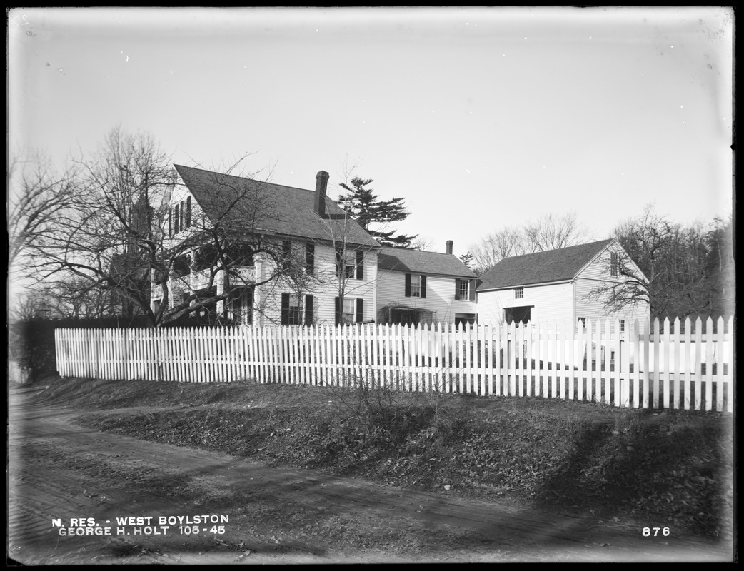 Wachusett Reservoir, George H. Holt's house, on the north side of Cross Street, near East Main Street, from the southeast in Cross Street, West Boylston, Mass., Dec. 14, 1896