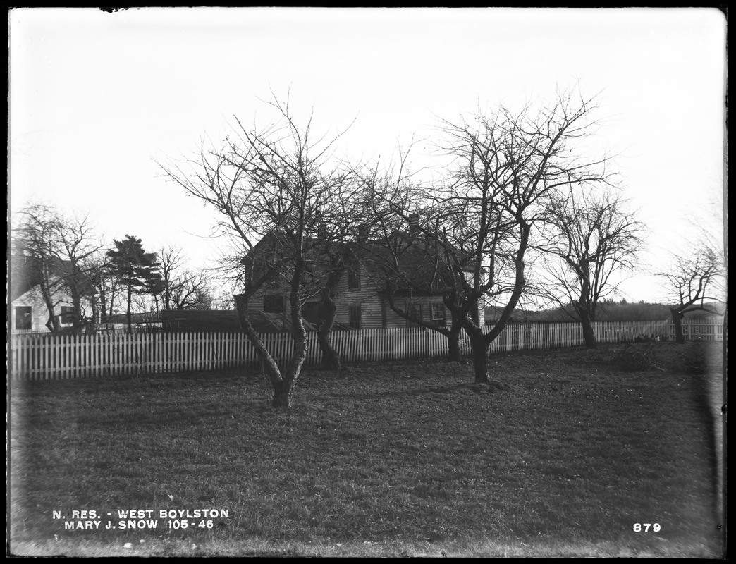 Wachusett Reservoir, Mary J. Snow's house, on the north side of Cross Street, near Union Street, from the northwest in field, West Boylston, Mass., Dec. 14, 1896