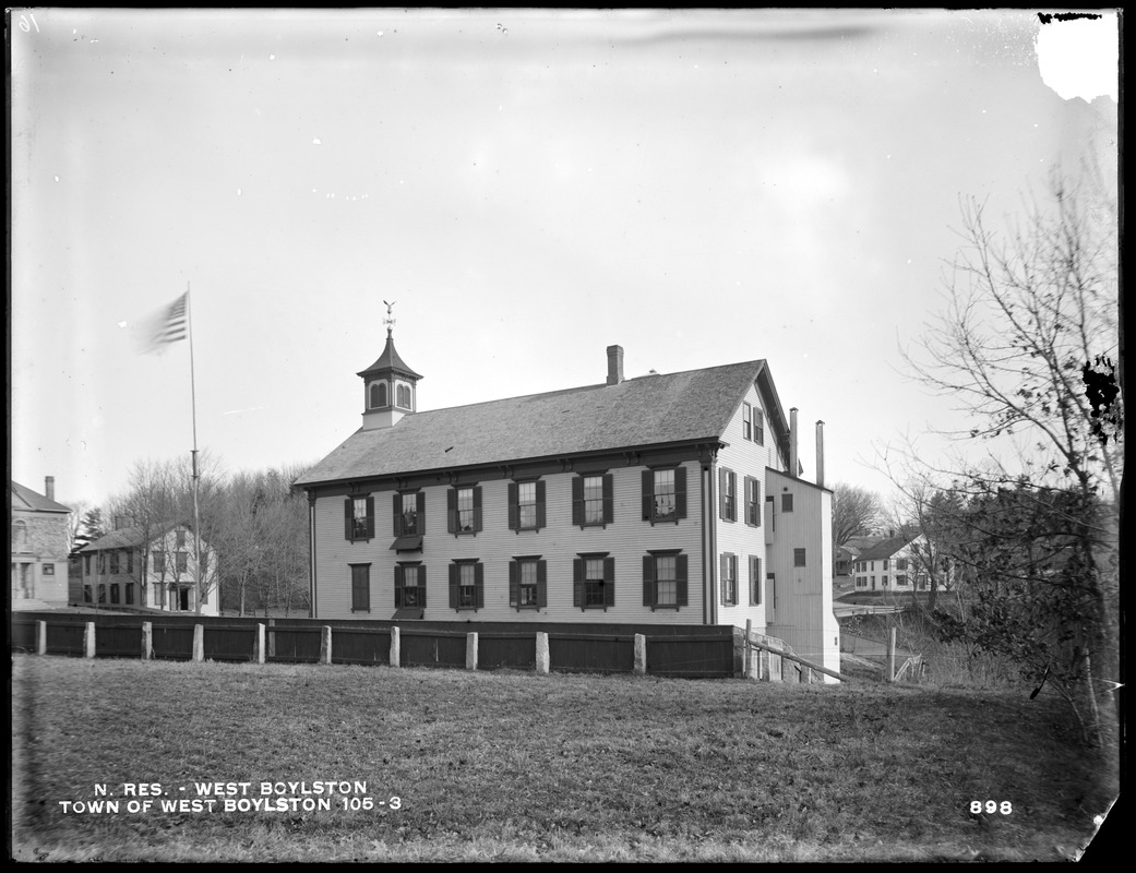 Wachusett Reservoir, Town of West Boylston, schoolhouse, on the south side of East Main Street, from the west, at top of bank, near stable of George L. Hyde, West Boylston, Mass., Dec. 15, 1896
