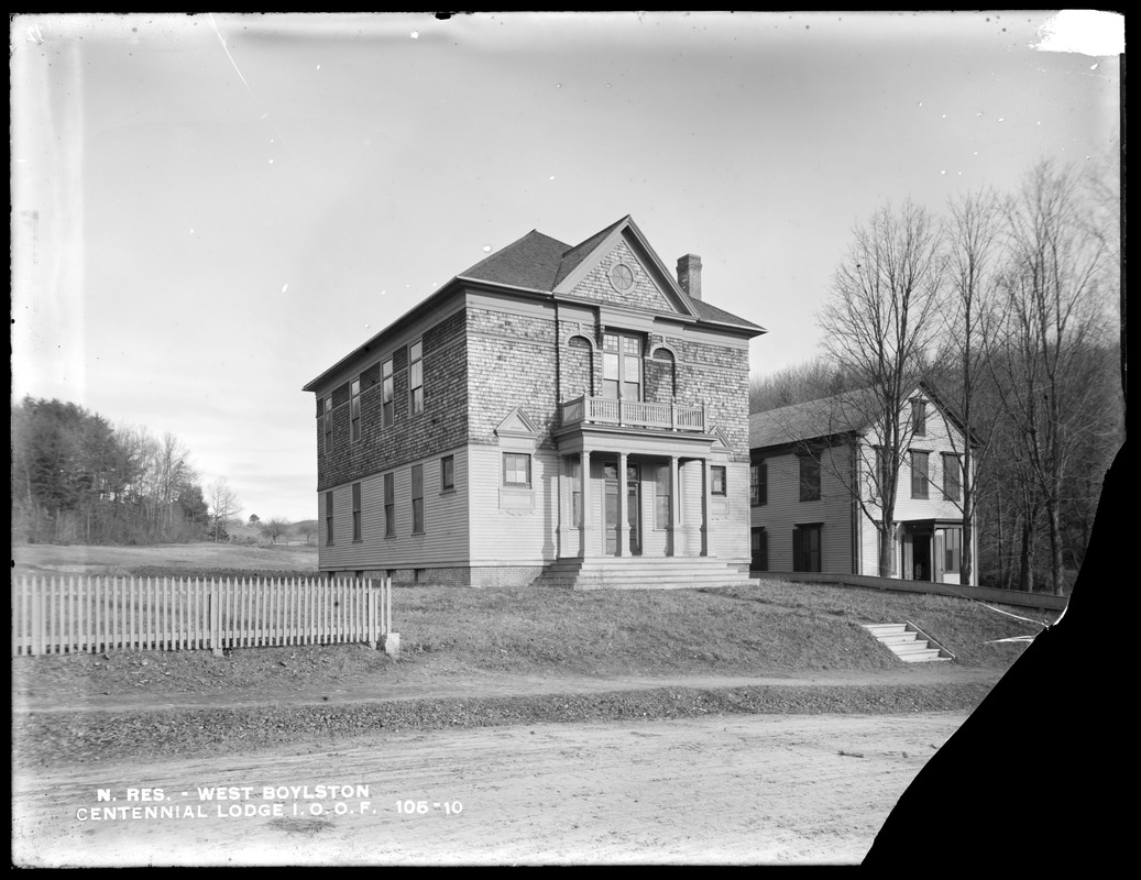 Wachusett Reservoir, Centennial Lodge, I. O. O. F. hall, on the north side of East Main Street, from the south in East Main Street, West Boylston, Mass., Dec. 15, 1896