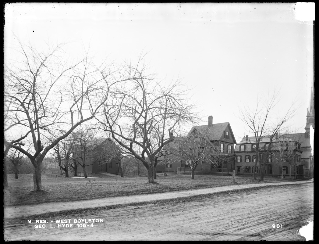 Wachusett Reservoir, George L. Hyde's house and stable, on the south side of East Main Street, from the north in East Main Street, West Boylston, Mass., Dec. 15, 1896