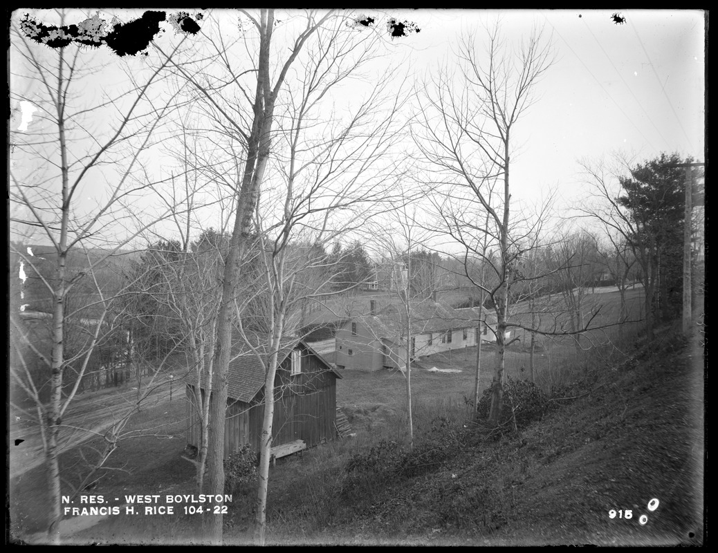 Wachusett Reservoir, Francis H. Rice's house and barn, on the west side of Holbrook Street, near Central Street, from the northwest on the Worcester, Nashua & Portland Railroad tracks, West Boylston, Mass., Dec. 15, 1896